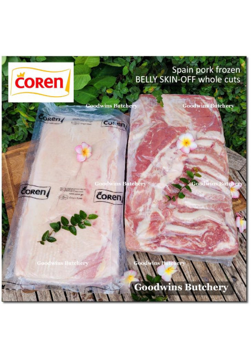 Pork BELLY SKIN OFF samcan frozen Spain COREN DUROC SELECTA (fed w/ chestnuts) whole cuts +/- 5kg 20x10x2.5" (price/kg)